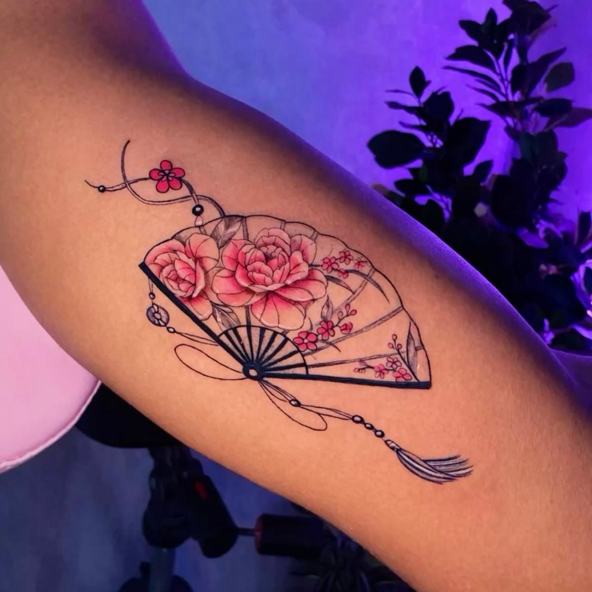 Color Japanese fan and roses arm tattoo by Aris